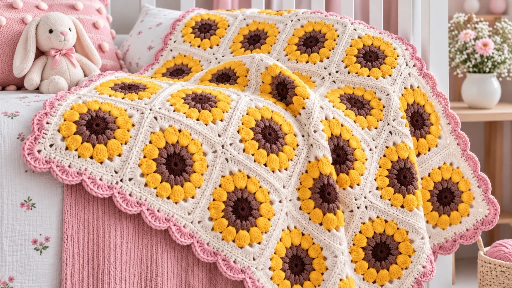 Granny de girasol a crochet con pétalos amarillos en relieve y base cuadrada color crema