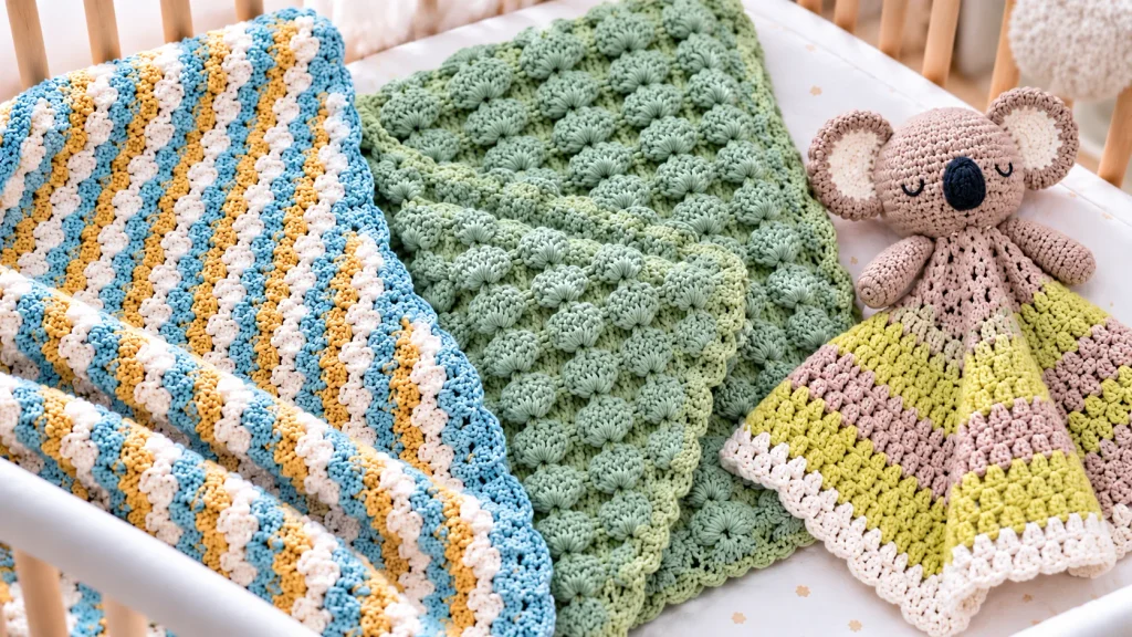 Mantas para bebé tejidas a crochet en tonos azul, amarillo y verde, acompañadas de una tierna manta de apego de koala sobre una cuna.