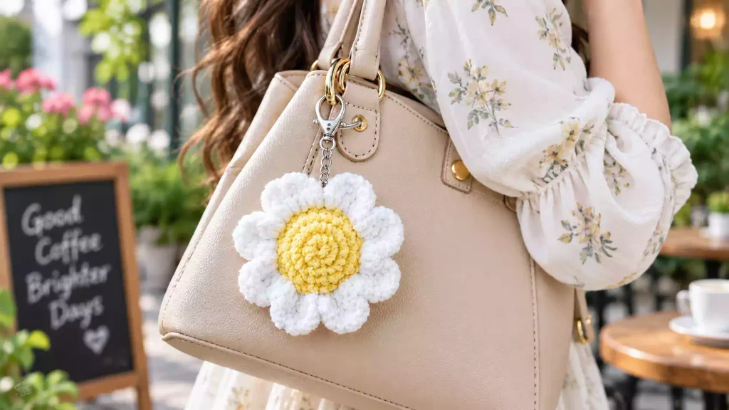 Llavero de margarita a crochet tejido con chenille suave y centro acolchado