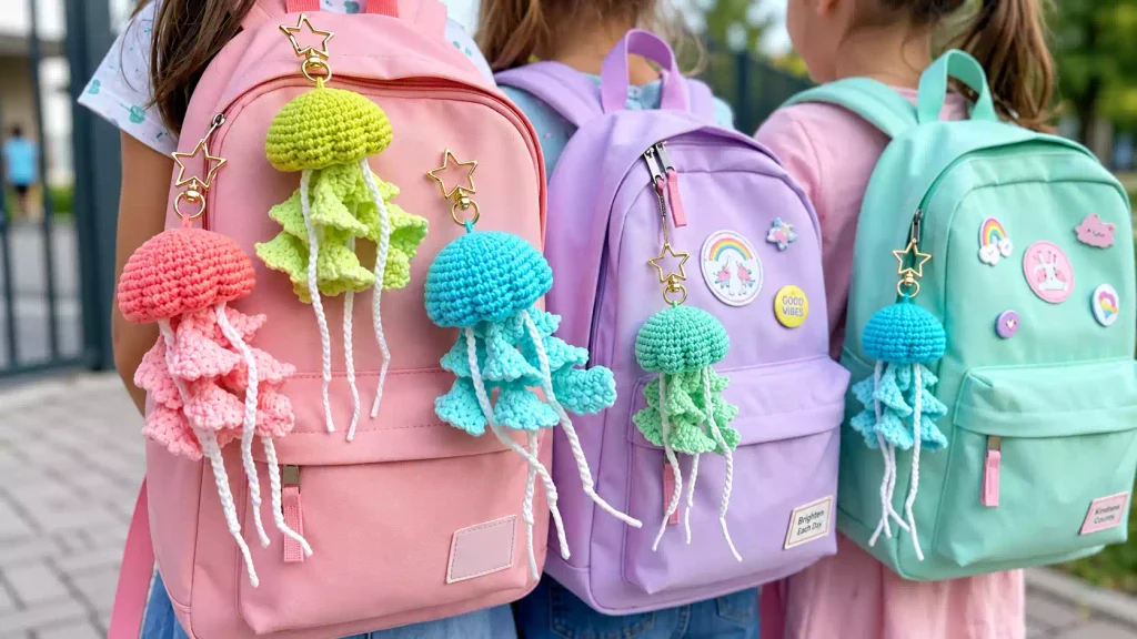 Llavero de medusa a crochet con tentáculos en espiral y diseño colorido