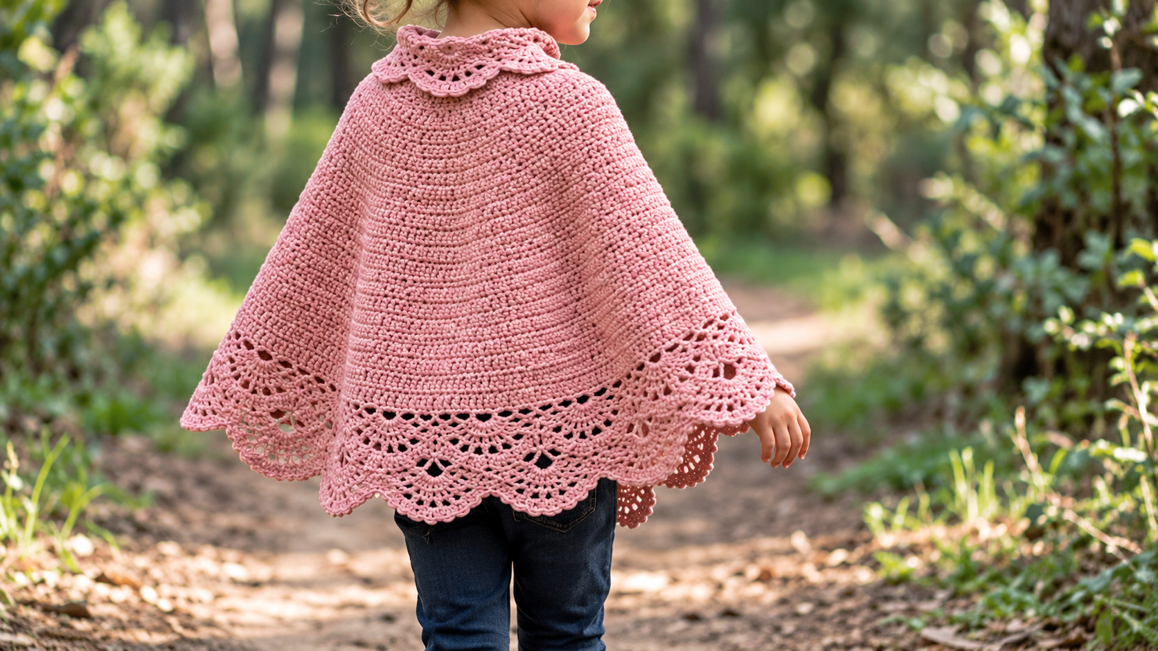 Niña luciendo un poncho rosa tejido a crochet con cuello decorativo de encaje, cuerpo de puntos tupidos, borde inferior calado con ondas y caída amplia, mientras pasea por un sendero natural.