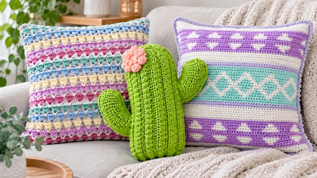 3 modelos de cojines a crochet para decorar el hogar: un cactus verde con flor rosa y dos cojines tejidos con puntos decorativos, rayas multicolor y diseños geométricos.