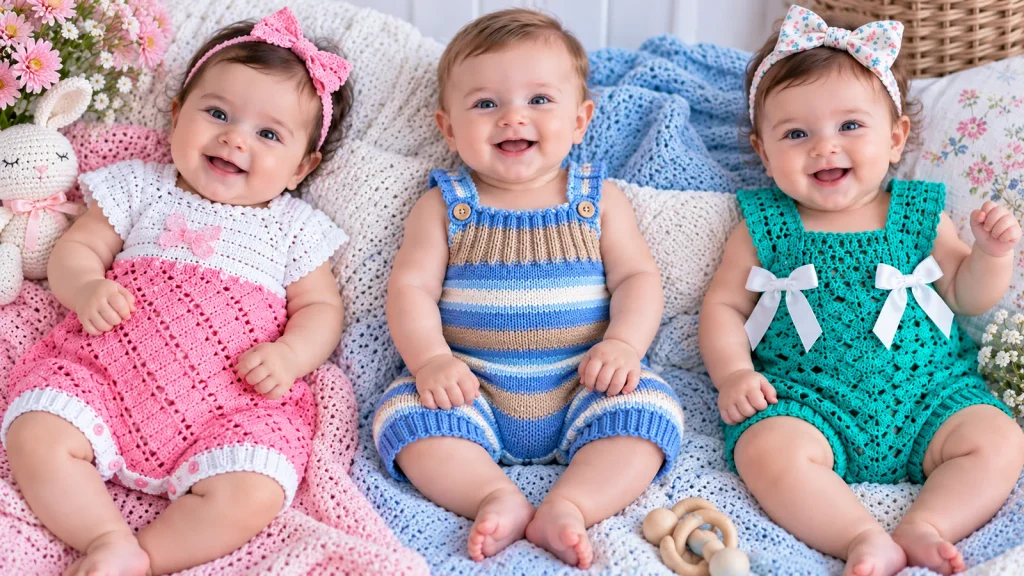 Dos bebés niñas y un bebé niño lucen enteritos tejidos a mano: rosa y blanco a crochet, rayas azules a dos agujas y verde turquesa a crochet.
