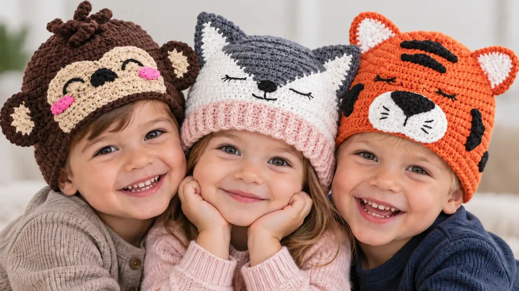 Tres niños pequeños lucen tiernos gorros de animales tejidos a crochet: un mono marrón, un gatito gris con borde rosa y un tigre naranja, con detalles en relieve.