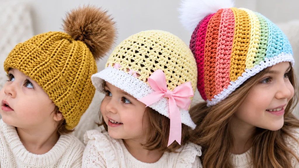 Tres niños luciendo gorros tejidos a crochet: gorro amarillo con pompón, sombrero calado con lazo rosa y gorro multicolor, con detalles de puntos y texturas artesanales.