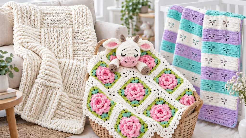 Tres mantas tejidas a crochet: manta gruesa color crema para el hogar, manta de apego de vaquita con flores rosas y manta de bebé en tonos lila, menta y blanco.