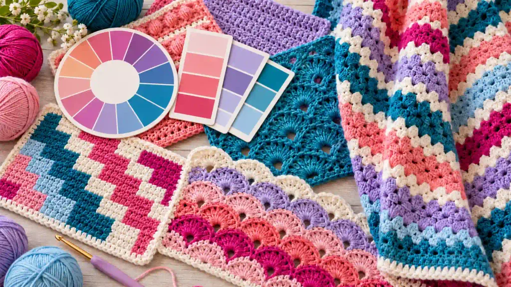 Muestras de puntos a crochet en rosa, lila y azul con rueda cromática y tarjetas para combinar colores en el tejido.
