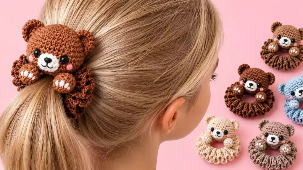 Coletero de osito a crochet con detalle amigurumi para el cabello