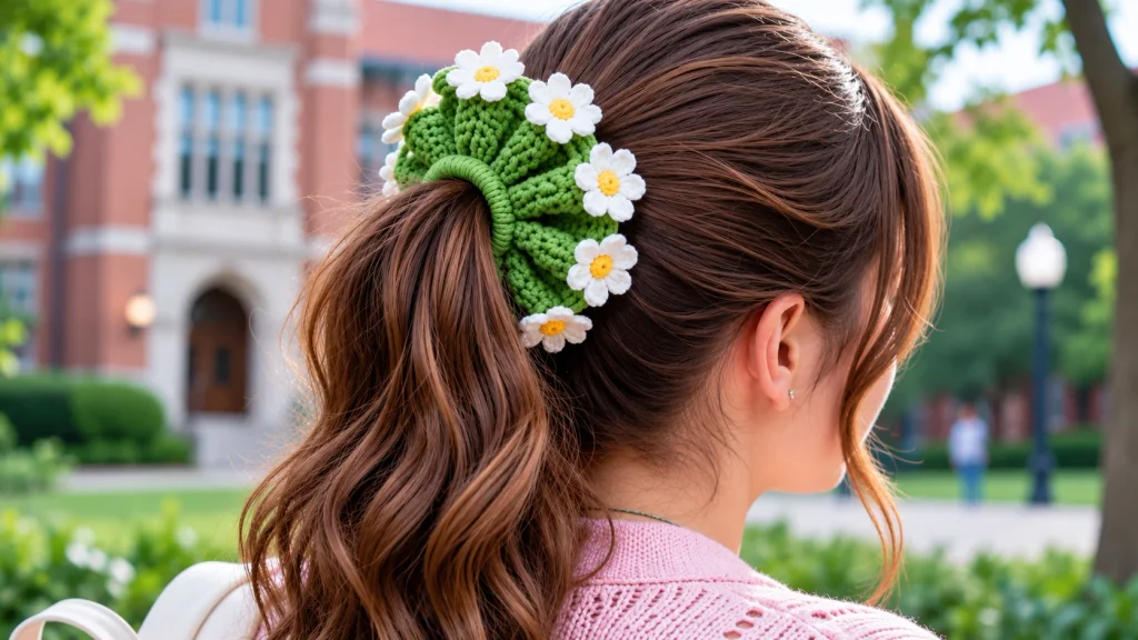 Scrunchie de margaritas a crochet con base verde, flores blancas y centros amarillos