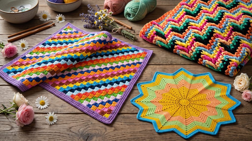 Tres proyectos de tejido a crochet coloridos, incluyendo mantas con patrón zigzag y un tapete en forma de estrella, sobre una mesa de madera decorada con flores, ganchillos y ovillos de lana.