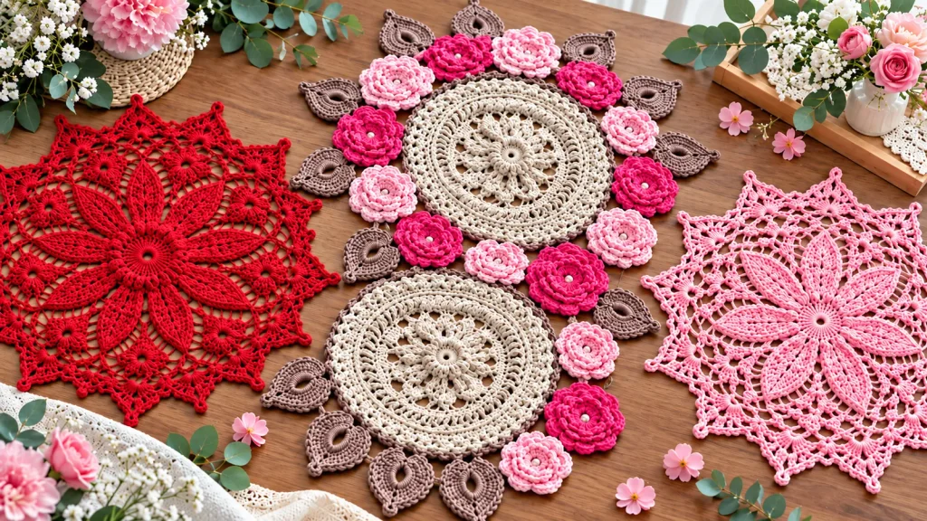 Tres modelos de tapetes rusos tejidos a crochet sobre una mesa de madera: diseños calados en rojo y rosa, y tapete beige decorado con rosas tejidas en relieve.
