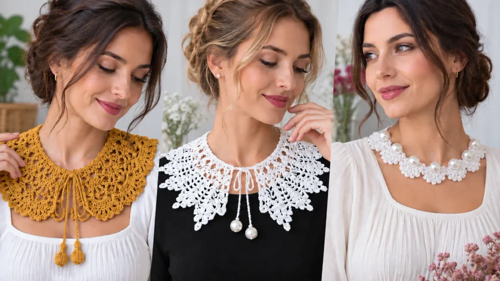 Tres mujeres luciendo collares y cuellos a crochet en primer plano: un modelo mostaza calado, un cuello blanco de encaje con puntas y un collar floral blanco con perlas.