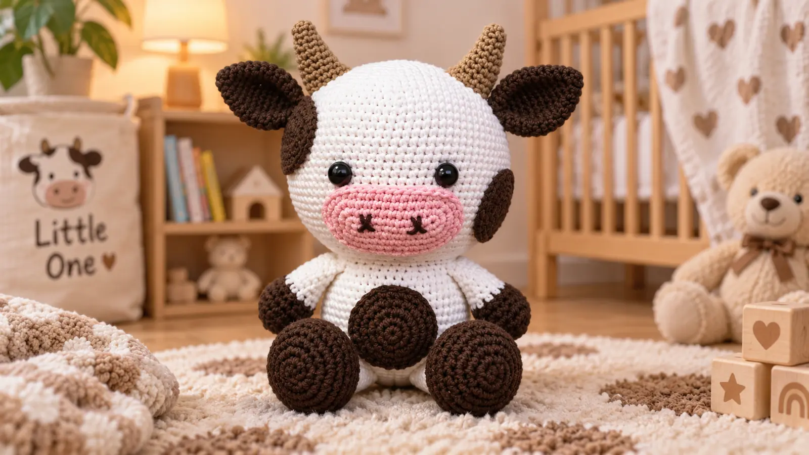Vaca amigurumi tejida a crochet en una acogedora habitación infantil.