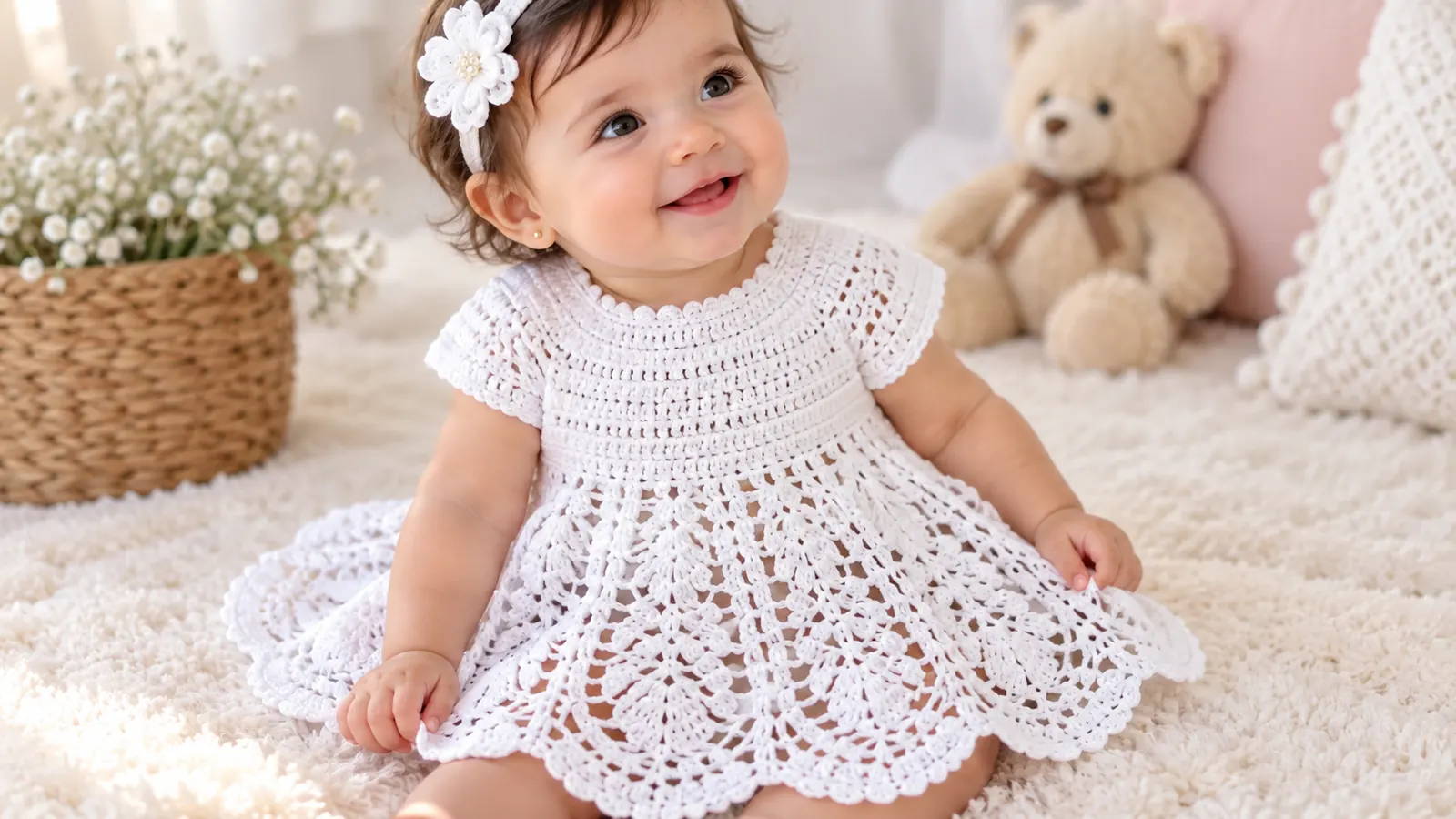 Bebita sonriente luciendo un vestido blanco a crochet para bautizo, con falda calada, delicados motivos de encaje y bordes ondulados.
