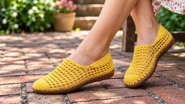 Unos zapatos amarillos a crochet que destacan por su diseño ligero y su textura de encaje 👡