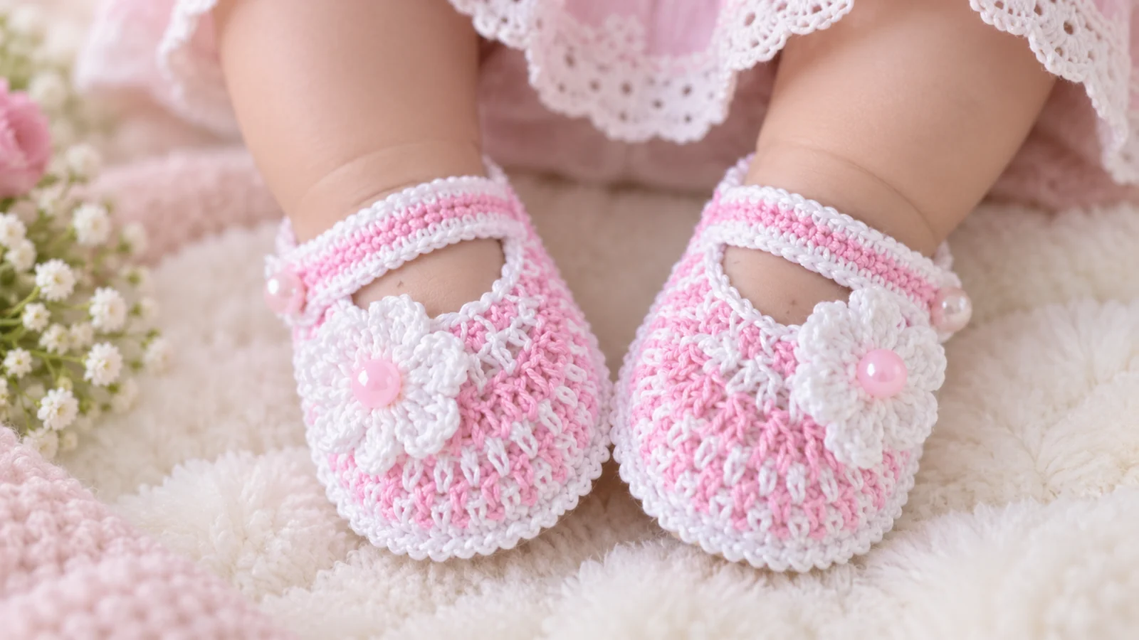 Zapatos de bebé tejidos a crochet en rosa y blanco con flores.